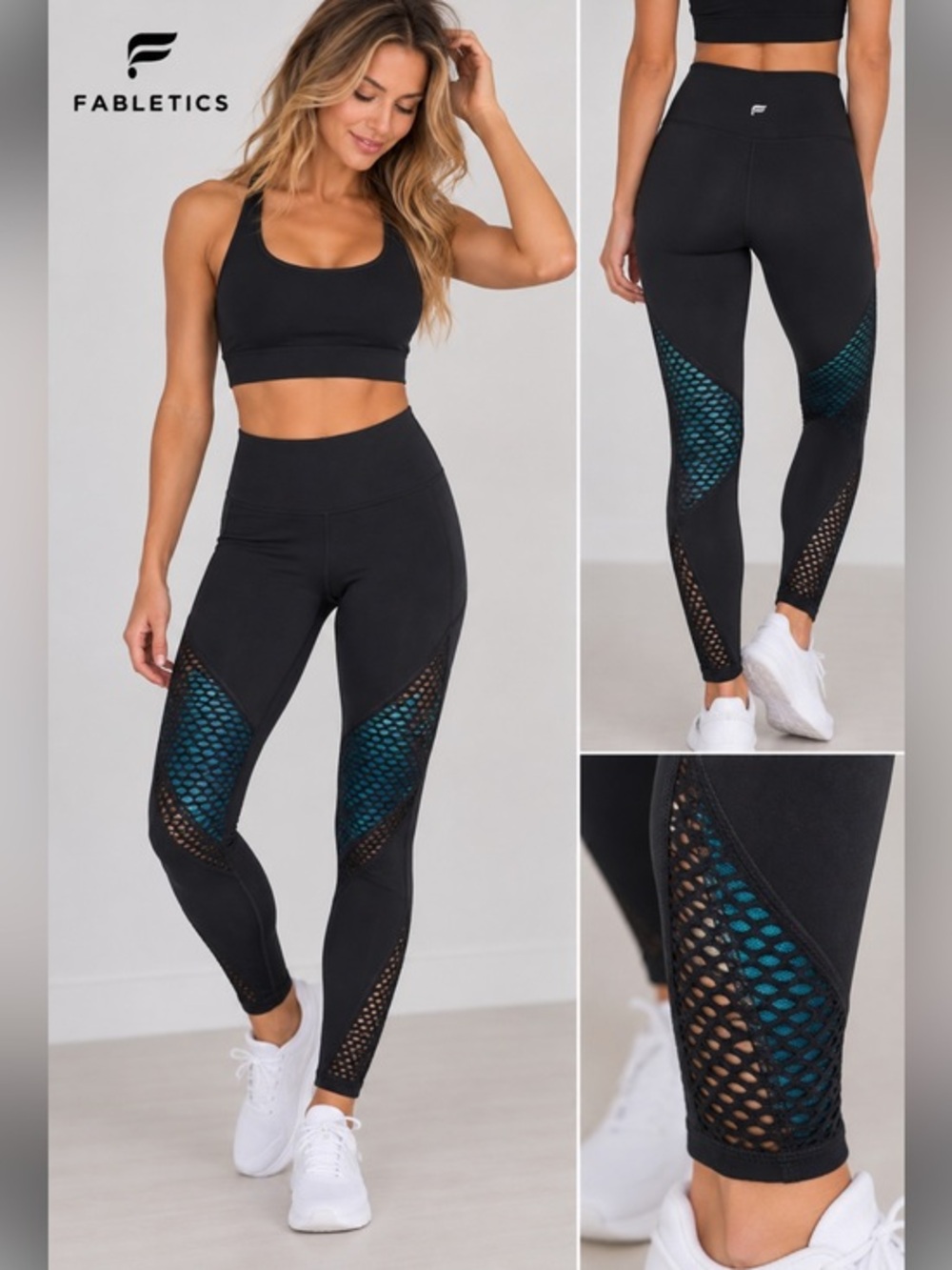 Fabletics Black Mesh Panel High Rise Leggings XS Teal Athletic Workout
